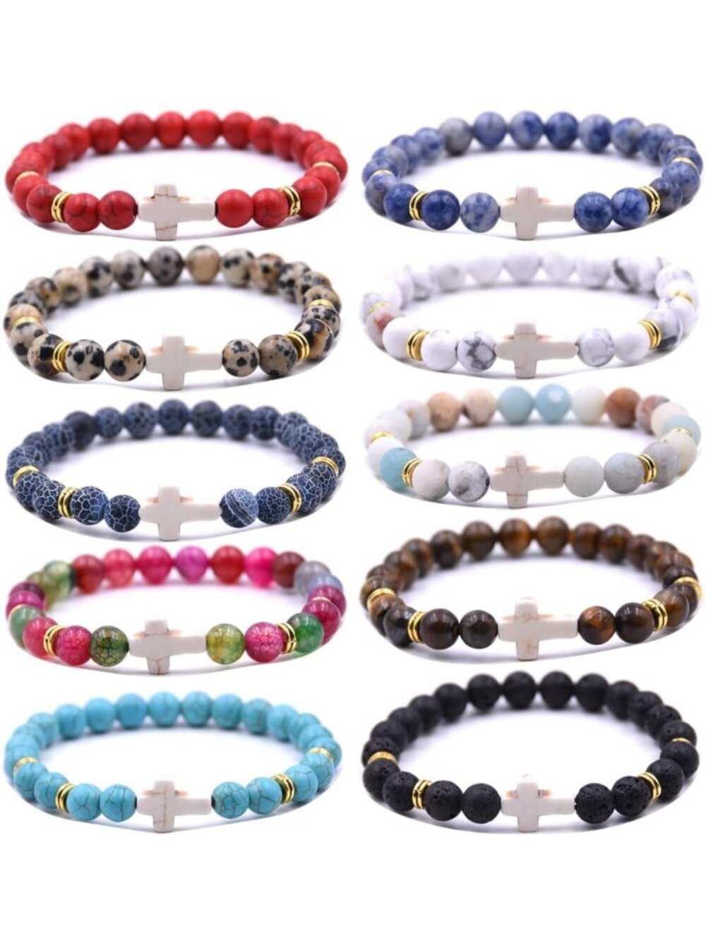 Beaded Cross Bracelet for Men & Women - Lava Rock, Turquoise, Tiger Eye, Healing